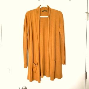 Cyrus Open Knit Long Sweater with Pockets in Mustard Brownish Yellow, Size Large